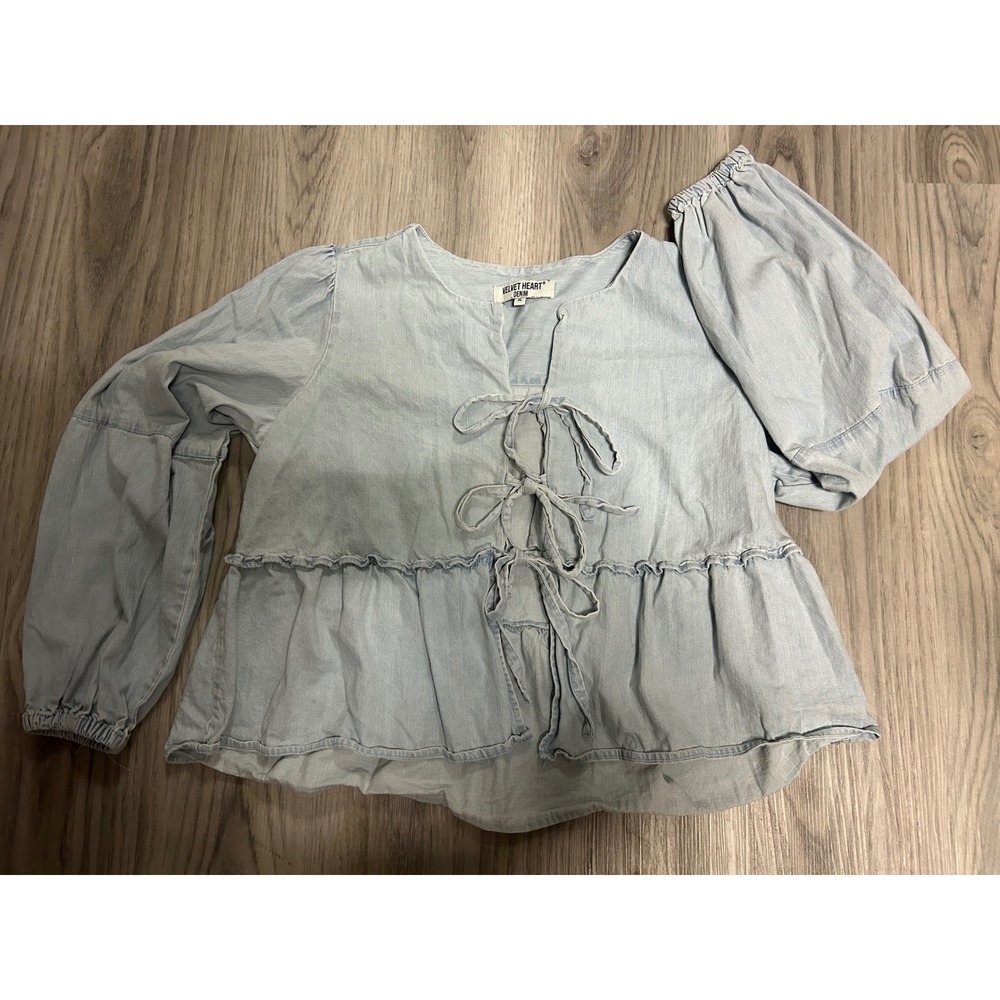 Velvet Heart Denim Light Wash Tie Front‎ Peplum Balloon Sleeve Top XL